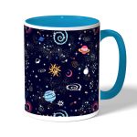 كوب قهوة بمقبض ازرق فاتح بتصميم الفضاء والمجرة