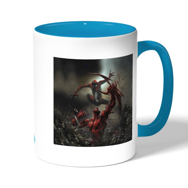 كوب قهوة بمقبض ازرق فاتح بتصميم القتال ضد سبايدر مان كوب قهوة بمقبض ازرق فاتح بتصميم القتال ضد سبايدر مان