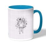 كوب قهوة بمقبض ازرق فاتح بتصميم بيت العصفور