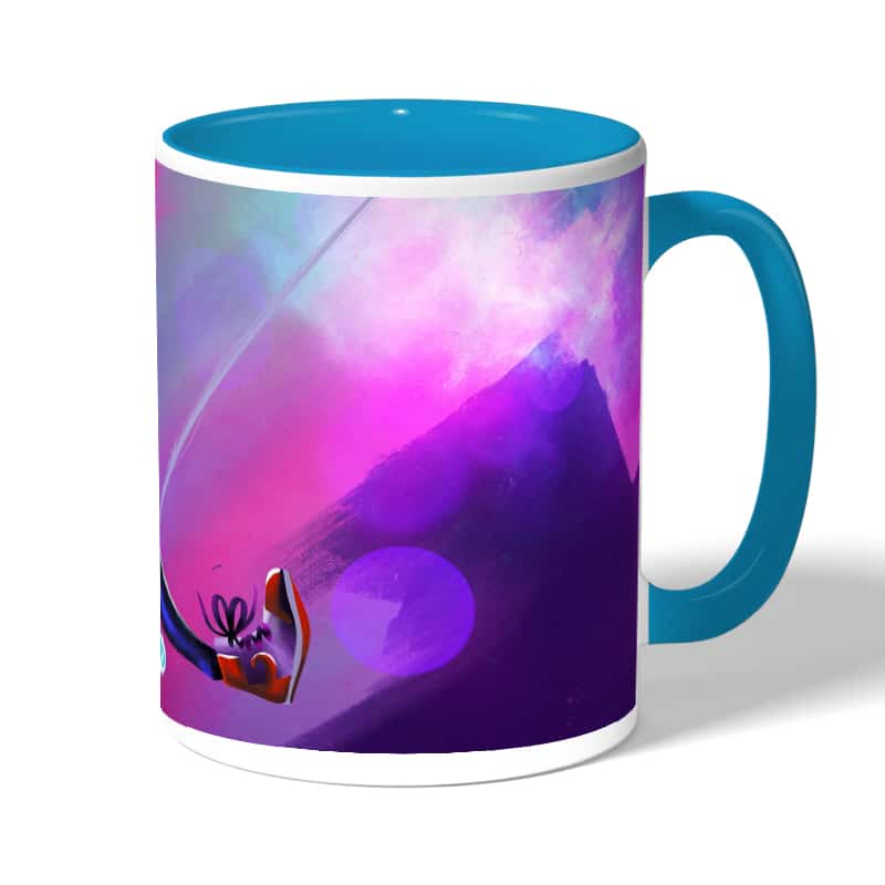 كوب قهوة بمقبض ازرق فاتح بتصميم بيتر بوركر سبايدر مان كوب قهوة بمقبض ازرق فاتح بتصميم بيتر بوركر سبايدر مان