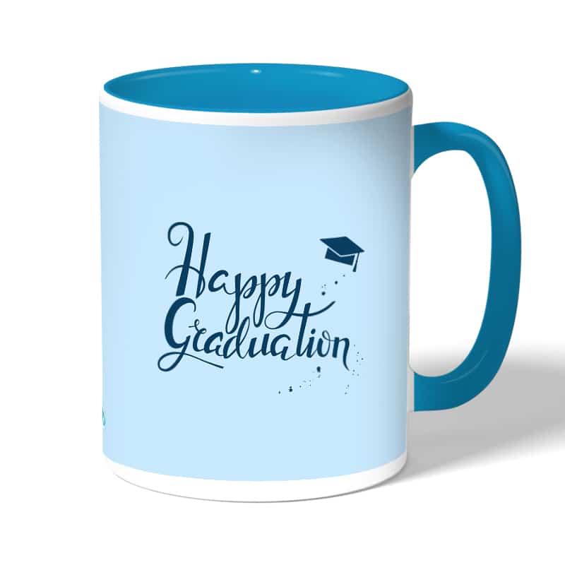 كوب قهوة بمقبض ازرق فاتح بتصميم تخرج كوب قهوة بمقبض ازرق فاتح بتصميم تخرج