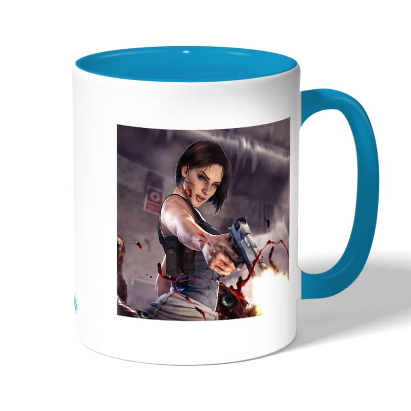 كوب قهوة بمقبض ازرق فاتح بتصميم جيل فالنتاين اطلاق النار رزدنت ايفل 3 كوب قهوة بمقبض ازرق فاتح بتصميم جيل فالنتاين اطلاق النار رزدنت ايفل 3