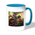 كوب قهوة بمقبض ازرق فاتح بتصميم ذكريات الطفولة ون بيس