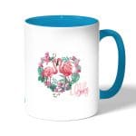 كوب قهوة بمقبض ازرق فاتح بتصميم زوجين الحب فلامنغو