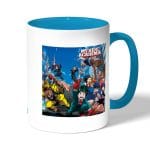 كوب قهوة بمقبض ازرق فاتح بتصميم سباق أكاديميتي للأبطال