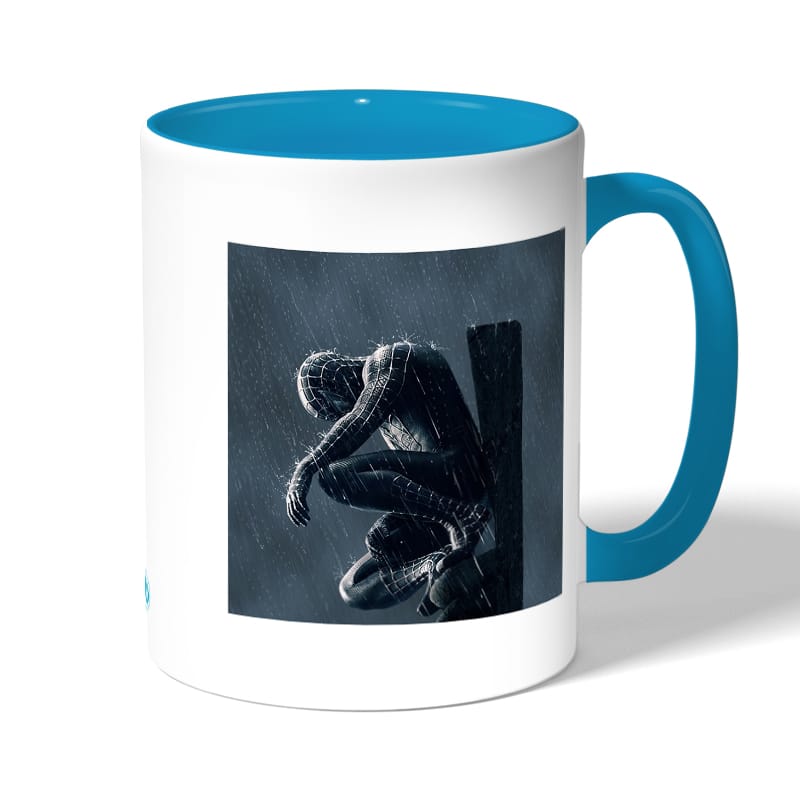 كوب قهوة بمقبض ازرق فاتح بتصميم سبايدر مان الاسود كوب قهوة بمقبض ازرق فاتح بتصميم سبايدر مان الاسود