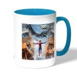 كوب قهوة بمقبض ازرق فاتح بتصميم سبايدر مان ايرون مان