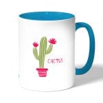 كوب قهوة بمقبض ازرق فاتح بتصميم صبار رسم