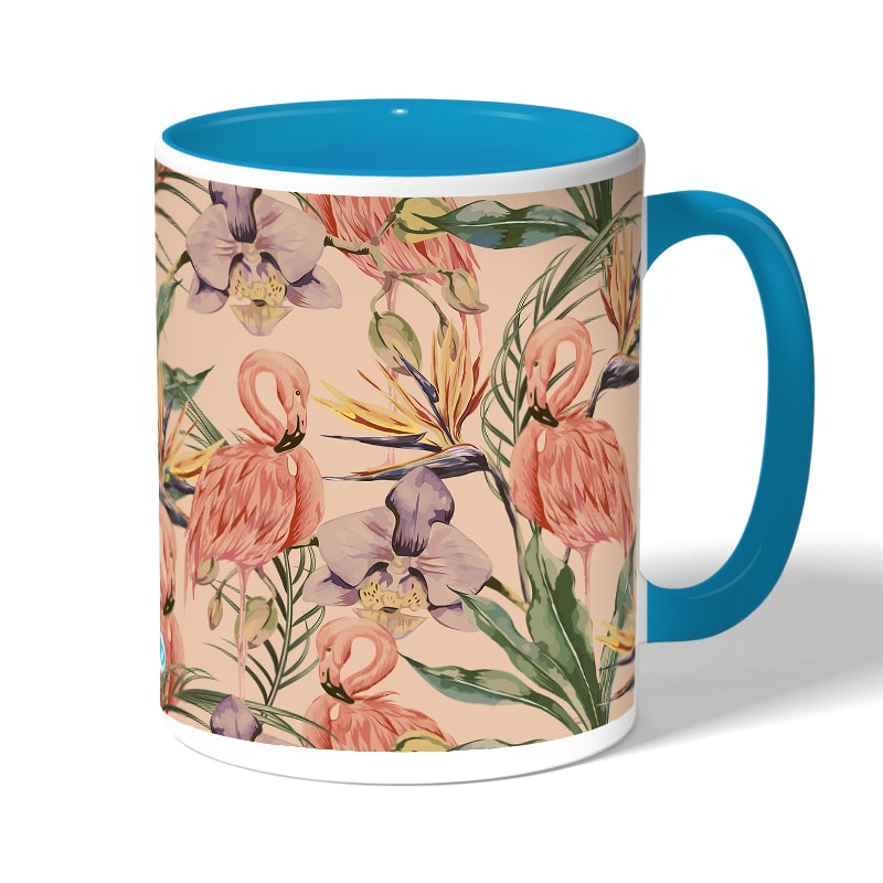 كوب قهوة بمقبض ازرق فاتح بتصميم طائر الفلامنجو كوب قهوة بمقبض ازرق فاتح بتصميم طائر الفلامنجو