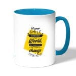 كوب قهوة بمقبض ازرق فاتح بتصميم عبارات انجليزيه