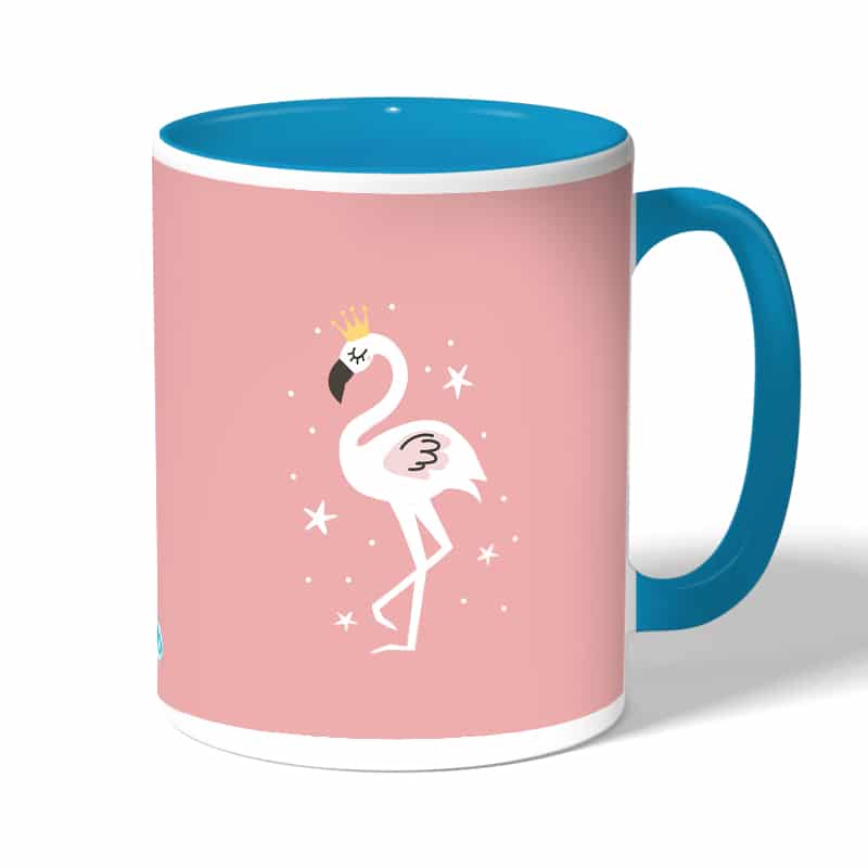 كوب قهوة بمقبض ازرق فاتح بتصميم فلامنجو بتاج كوب قهوة بمقبض ازرق فاتح بتصميم فلامنجو بتاج