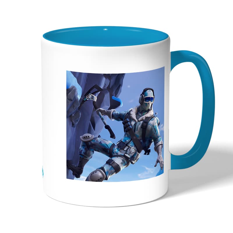 كوب قهوة بمقبض ازرق فاتح بتصميم فورت نايت تسلق جبل جليدي كوب قهوة بمقبض ازرق فاتح بتصميم فورت نايت تسلق جبل جليدي