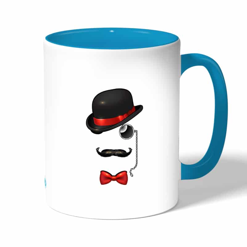 كوب قهوة بمقبض ازرق فاتح بتصميم قبعة وشوارب كوب قهوة بمقبض ازرق فاتح بتصميم قبعة وشوارب