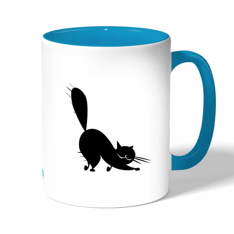 كوب قهوة بمقبض ازرق فاتح بتصميم قط اسود كوب قهوة بمقبض ازرق فاتح بتصميم قط اسود