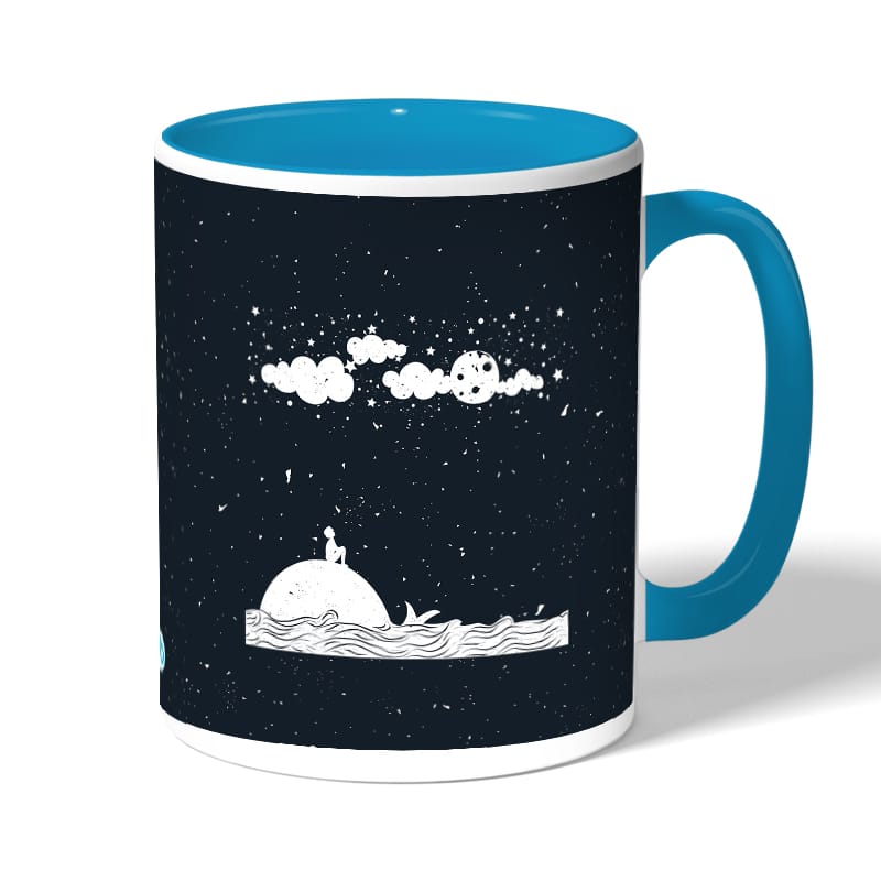 كوب قهوة بمقبض ازرق فاتح بتصميم قمر والنجوم كوب قهوة بمقبض ازرق فاتح بتصميم قمر والنجوم