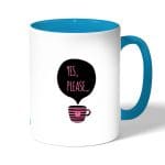 كوب قهوة بمقبض ازرق فاتح بتصميم كوب بعباره