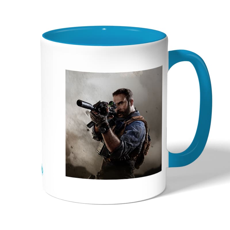 كوب قهوة بمقبض ازرق فاتح بتصميم كول أوف ديوتي قناص كوب قهوة بمقبض ازرق فاتح بتصميم كول أوف ديوتي قناص