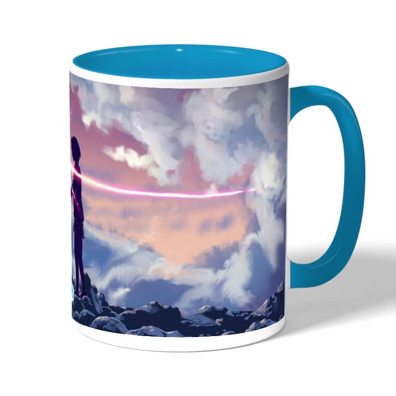 كوب قهوة بمقبض ازرق فاتح بتصميم لحظه اللقاء انمي أسمك كوب قهوة بمقبض ازرق فاتح بتصميم لحظه اللقاء انمي أسمك