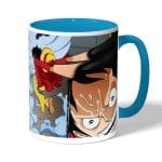 كوب قهوة بمقبض ازرق فاتح بتصميم لوفي ضد سيزار ون بيس