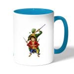 كوب قهوة بمقبض ازرق فاتح بتصميم لوفي و زورو ون بيس