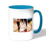 كوب قهوة بمقبض ازرق فاتح بتصميم لوفي وشقيقاه ون بيس