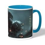 كوب قهوة بمقبض ازرق فاتح بتصميم مركبة قتالية باتلفيلد