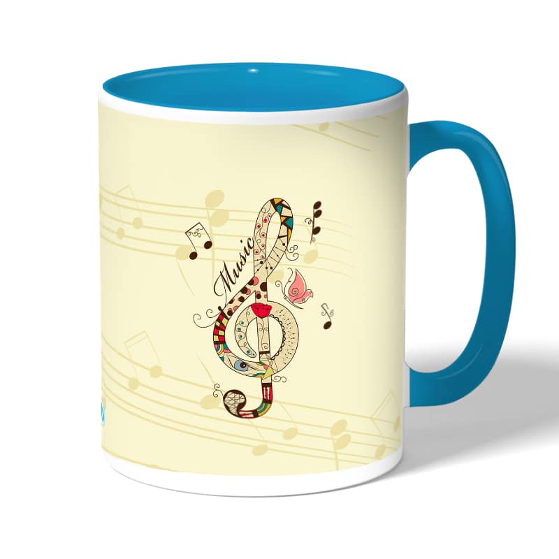 كوب قهوة بمقبض ازرق فاتح بتصميم نغمة موسيقية جميلة كوب قهوة بمقبض ازرق فاتح بتصميم نغمة موسيقية جميلة