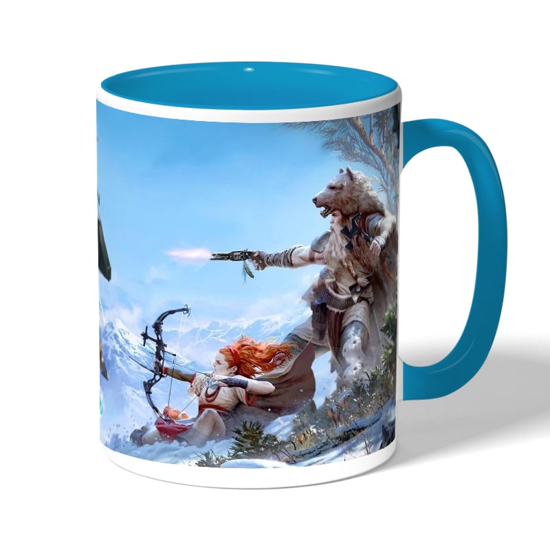 كوب قهوة بمقبض ازرق فاتح بتصميم هوريزن زيرو دون كوب قهوة بمقبض ازرق فاتح بتصميم هوريزن زيرو دون