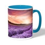 كوب قهوة بمقبض ازرق فاتح بتصميم ورود بنفسجيه