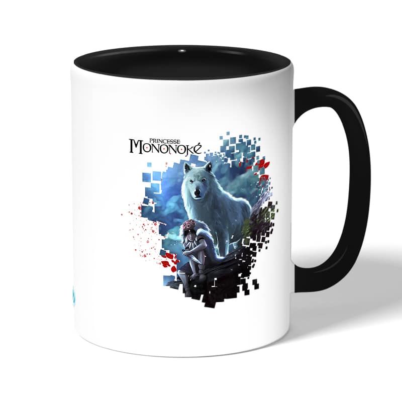 كوب قهوة بمقبض اسود بتصميم الاميرة مونونوكي مع ذئب كوب قهوة بمقبض اسود بتصميم الاميرة مونونوكي مع ذئب