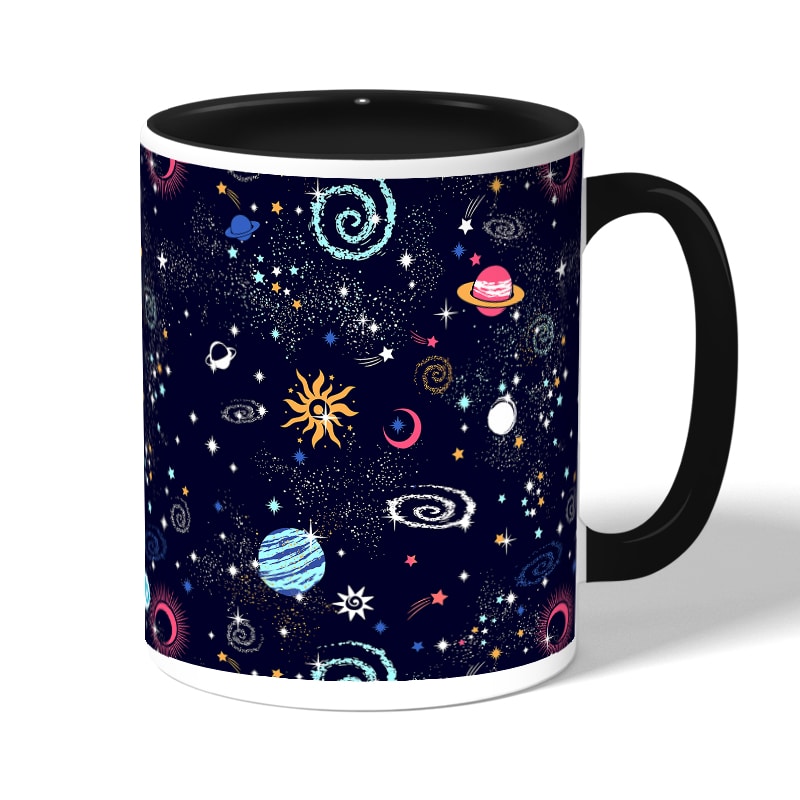 كوب قهوة بمقبض اسود بتصميم الفضاء والمجرة كوب قهوة بمقبض اسود بتصميم الفضاء والمجرة