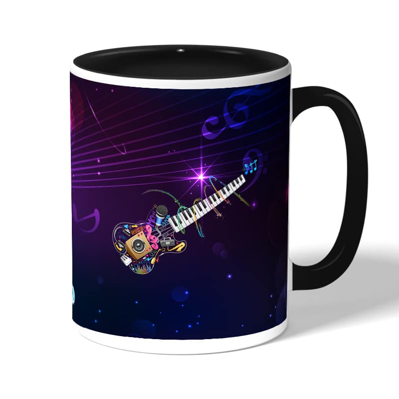 كوب قهوة بمقبض اسود بتصميم جيتار ومفاتيح بيانو كوب قهوة بمقبض اسود بتصميم جيتار ومفاتيح بيانو