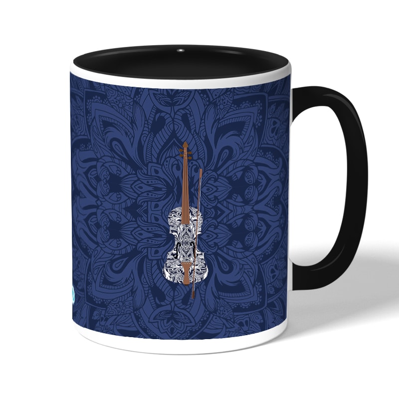 كوب قهوة بمقبض اسود بتصميم كمان مزخرف كوب قهوة بمقبض اسود بتصميم كمان مزخرف