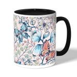 كوب قهوة بمقبض اسود بتصميم ورود وفراشات