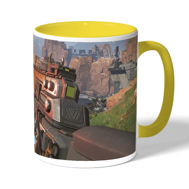 كوب قهوة بمقبض اصفر بتصميم أبيكس ليجندز سلاح كوب قهوة بمقبض اصفر بتصميم أبيكس ليجندز سلاح