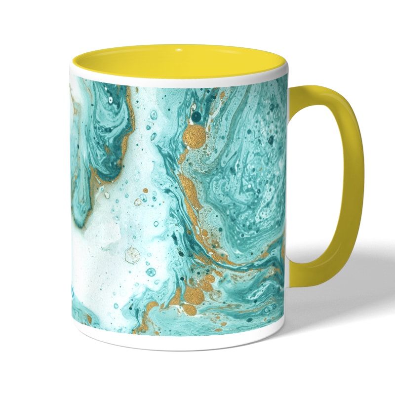 كوب قهوة بمقبض اصفر بتصميم أزرق ذهبي كوب قهوة بمقبض اصفر بتصميم أزرق ذهبي