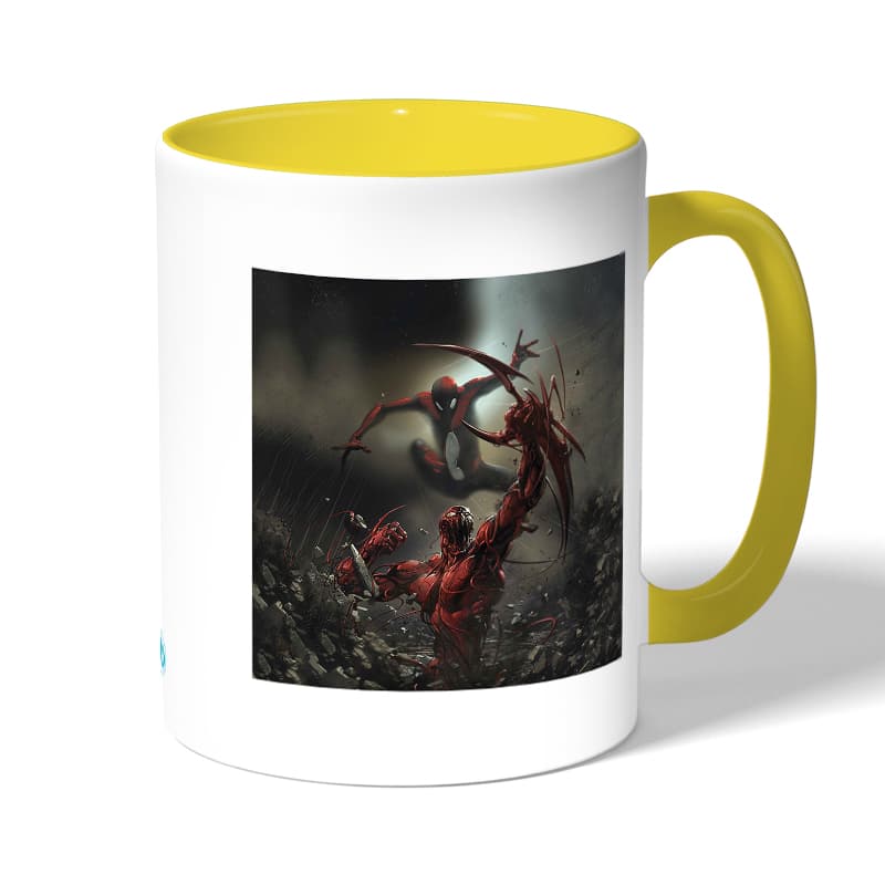 كوب قهوة بمقبض اصفر بتصميم القتال ضد سبايدر مان كوب قهوة بمقبض اصفر بتصميم القتال ضد سبايدر مان