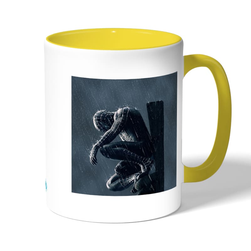كوب قهوة بمقبض اصفر بتصميم سبايدر مان الاسود كوب قهوة بمقبض اصفر بتصميم سبايدر مان الاسود