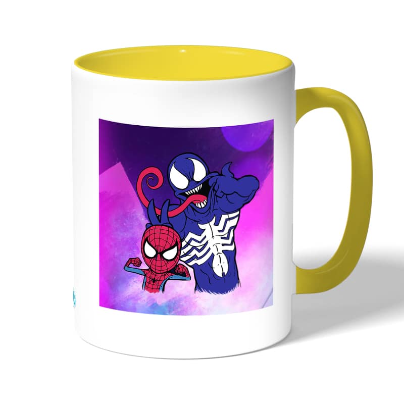 كوب قهوة بمقبض اصفر بتصميم  سبيدر مان رسم كوب قهوة بمقبض اصفر بتصميم  سبيدر مان رسم