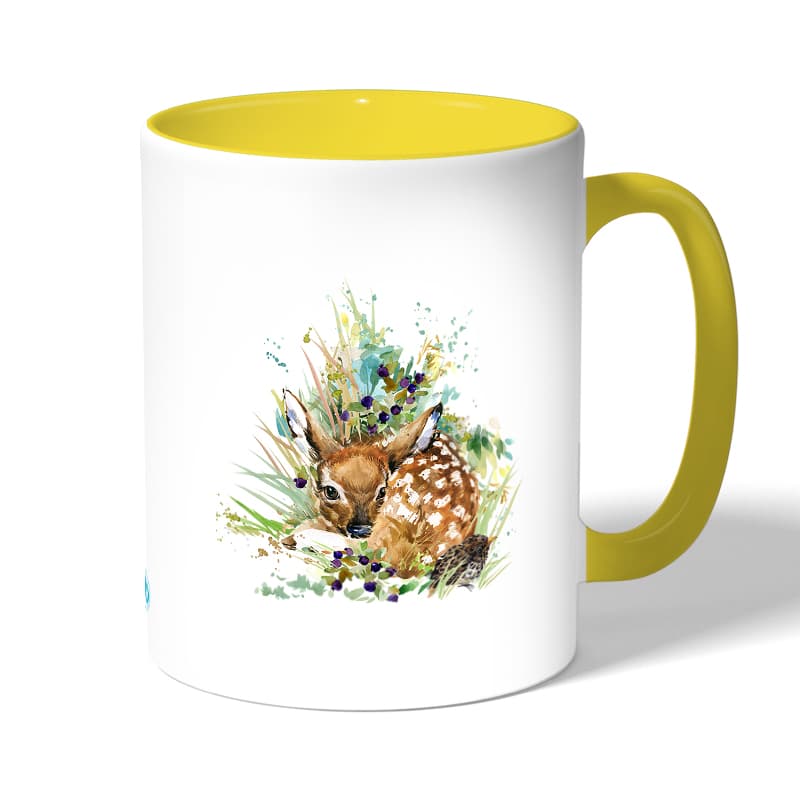 كوب قهوة بمقبض اصفر بتصميم غزال صغير كوب قهوة بمقبض اصفر بتصميم غزال صغير