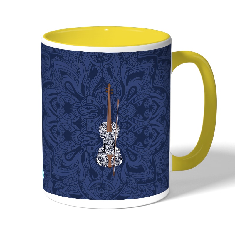 كوب قهوة بمقبض اصفر بتصميم كمان مزخرف كوب قهوة بمقبض اصفر بتصميم كمان مزخرف