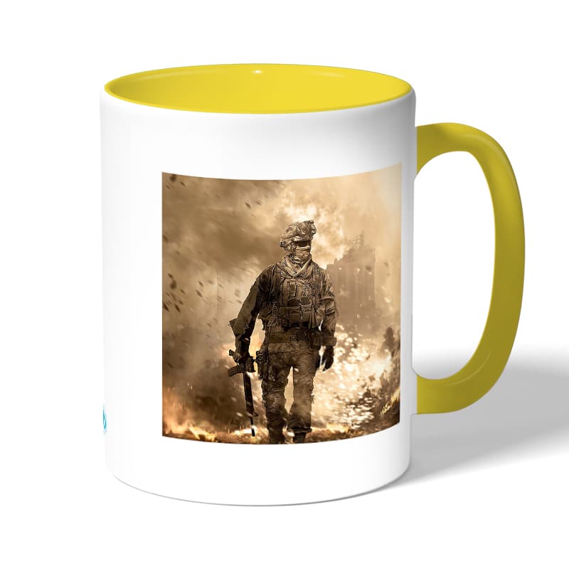 كوب قهوة بمقبض اصفر بتصميم كول أوف ديوتي نيران المعركه كوب قهوة بمقبض اصفر بتصميم كول أوف ديوتي نيران المعركه