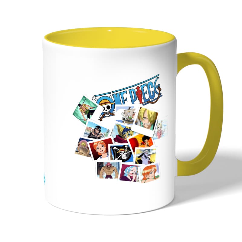 كوب قهوة بمقبض اصفر بتصميم لحظات مهمه ون بيس كوب قهوة بمقبض اصفر بتصميم لحظات مهمه ون بيس