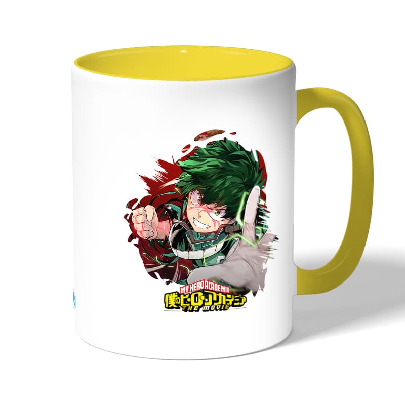 كوب قهوة بمقبض اصفر بتصميم لكمه ميدوريا أكاديميتي للأبطال كوب قهوة بمقبض اصفر بتصميم لكمه ميدوريا أكاديميتي للأبطال