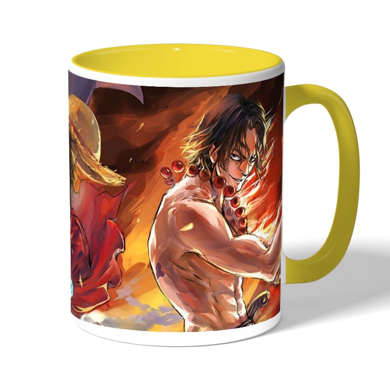 كوب قهوة بمقبض اصفر بتصميم لوفي سابو إيس ون بيس كوب قهوة بمقبض اصفر بتصميم لوفي سابو إيس ون بيس