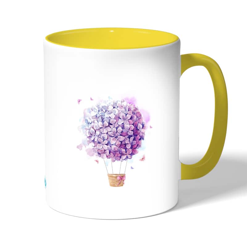 كوب قهوة بمقبض اصفر بتصميم منطاد بالورد كوب قهوة بمقبض اصفر بتصميم منطاد بالورد