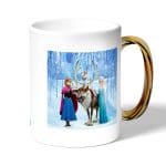 كوب قهوة بمقبض ذهبي بتصميم ابطال فروزن