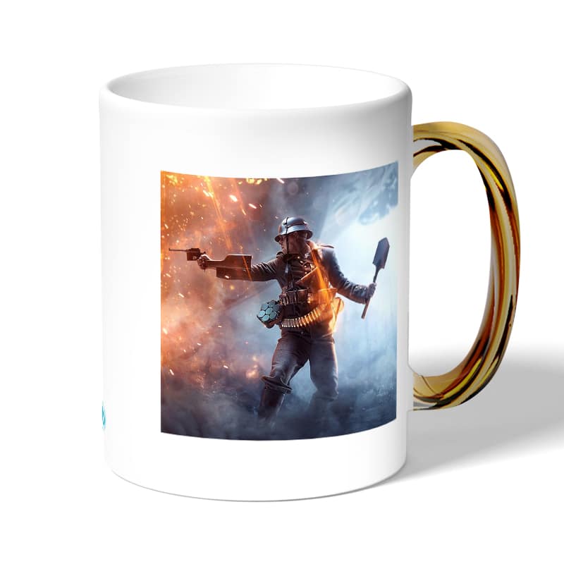 كوب قهوة بمقبض ذهبي بتصميم الاستعداد للمعركة  باتلفيلد كوب قهوة بمقبض ذهبي بتصميم الاستعداد للمعركة  باتلفيلد