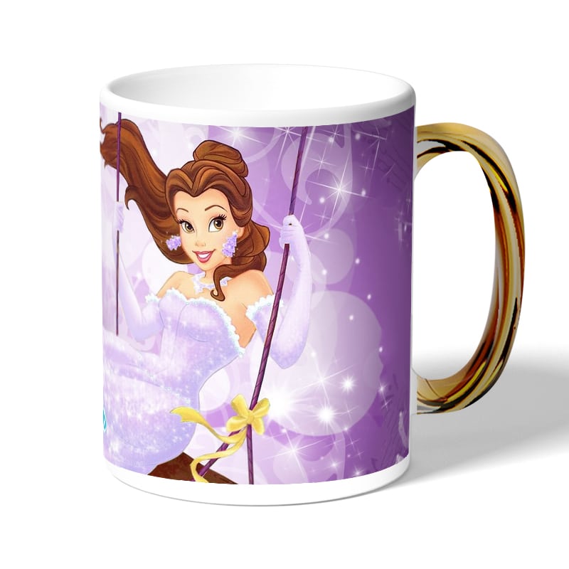 كوب قهوة بمقبض ذهبي بتصميم الاميرة بيلا بفستان لامع كوب قهوة بمقبض ذهبي بتصميم الاميرة بيلا بفستان لامع