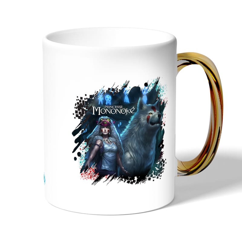 كوب قهوة بمقبض ذهبي بتصميم الاميرة مونونوكي في الغابة كوب قهوة بمقبض ذهبي بتصميم الاميرة مونونوكي في الغابة